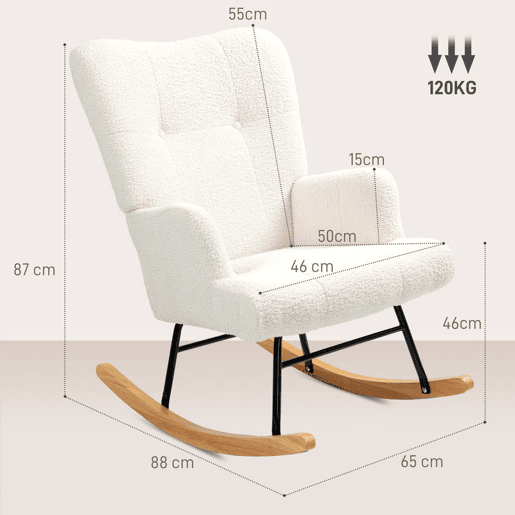 HOMCOM Poltrona Baloiço em Borrego Poltrona para Amamentação com Encosto Capitonê e Base de Madeira de Borracha Carga 120 kg Poltrona para Sala de Estar Dormitório 65x88x87 cm Creme