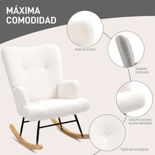 HOMCOM Poltrona Baloiço em Borrego Poltrona para Amamentação com Encosto Capitonê e Base de Madeira de Borracha Carga 120 kg Poltrona para Sala de Estar Dormitório 65x88x87 cm Creme