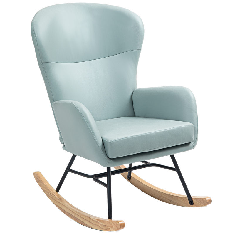 Homcom mecedora tapizada en tejido técnico sillón relax con patas de madera de haya respaldo con diseño curvo y reposabrazos mecedora para lactancia carga 150 kg para dormitorio salón verde claro