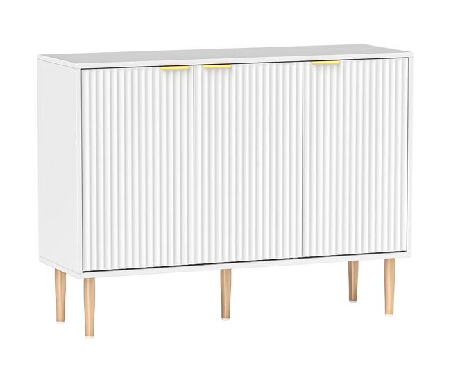 Homcom aparador de 3 puertas acanaladas aparador de salón con estante ajustable mueble para tv para dormitorio sala de estar 107x35x80 cm blanco