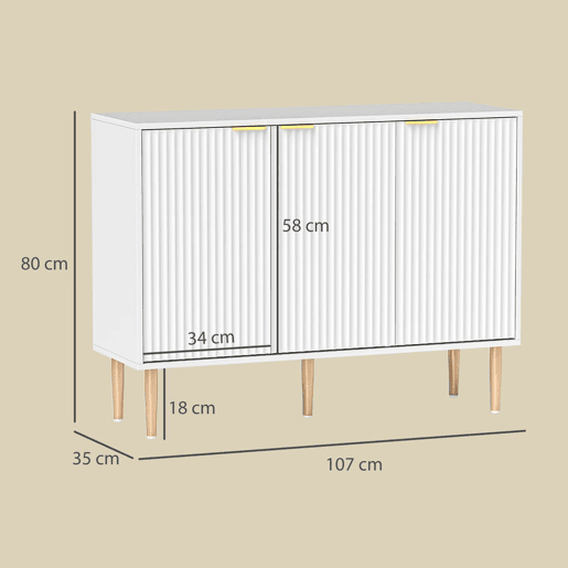 HOMCOM Aparador de 3 Portas Estriadas Aparador de Sala de Estar com Prateleira Ajustável Móvel para TV para Quarto Sala de Estar 107x35x80 cm Branco