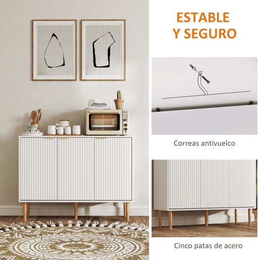HOMCOM Aparador de 3 Portas Estriadas Aparador de Sala de Estar com Prateleira Ajustável Móvel para TV para Quarto Sala de Estar 107x35x80 cm Branco