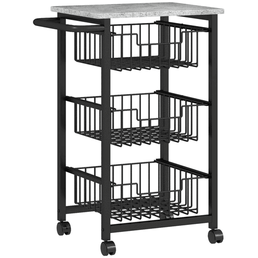 HOMCOM Carrinho de Cozinha, Carrinho para Legumes com Rodas, 3 Cestos Deslizantes e Estrutura de Aço, Carrinho Auxiliar para Sala de Jantar, 49,5x31x69 cm, Cinzento Claro
