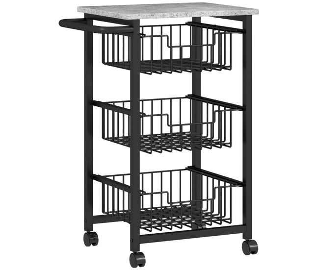 Homcom carrito de cocina, carrito verdulero para cocina con ruedas, 3 cestas deslizables y marco de acero, carrito auxiliar para comedor, 49,5x31x69
