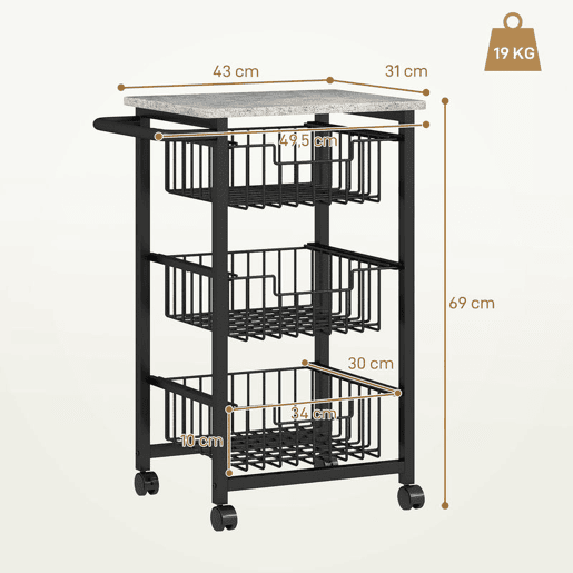 HOMCOM Carrinho de Cozinha, Carrinho para Legumes com Rodas, 3 Cestos Deslizantes e Estrutura de Aço, Carrinho Auxiliar para Sala de Jantar, 49,5x31x69 cm, Cinzento Claro