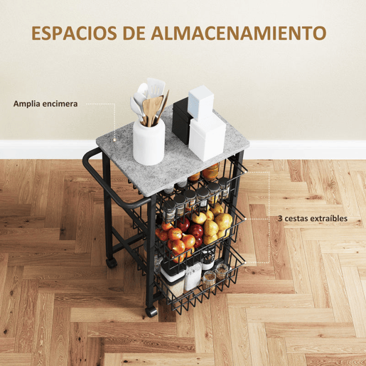 HOMCOM Carrinho de Cozinha, Carrinho para Legumes com Rodas, 3 Cestos Deslizantes e Estrutura de Aço, Carrinho Auxiliar para Sala de Jantar, 49,5x31x69 cm, Cinzento Claro