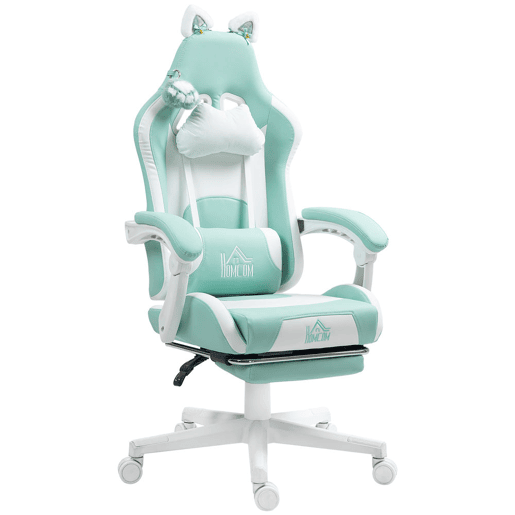 HOMCOM Cadeira Gaming com Orelhas Cadeira Gamer Reclinável com Altura Ajustável Apoio para os Pés Retrátil Suporte Lombar e Apoio para a Cabeça Desmontável Cadeira para Escritório 65x62x116-124 cm Azul
