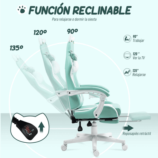 HOMCOM Cadeira Gaming com Orelhas Cadeira Gamer Reclinável com Altura Ajustável Apoio para os Pés Retrátil Suporte Lombar e Apoio para a Cabeça Desmontável Cadeira para Escritório 65x62x116-124 cm Azul