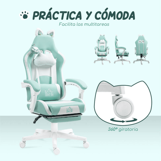 HOMCOM Cadeira Gaming com Orelhas Cadeira Gamer Reclinável com Altura Ajustável Apoio para os Pés Retrátil Suporte Lombar e Apoio para a Cabeça Desmontável Cadeira para Escritório 65x62x116-124 cm Azul
