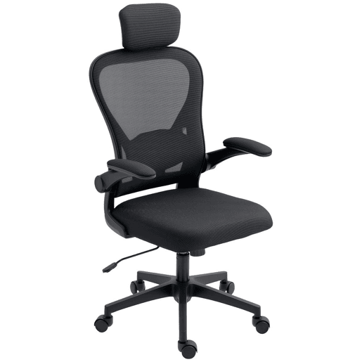 HOMCOM Cadeira de Escritório Giratória Cadeira de Escritório em Malha Transpirável com Altura Ajustável Apoio para a Cabeça e Suporte Lombar Ajustáveis Cadeira de Escritório Basculante Carga 120 kg 58x63x115-125 cm Preto