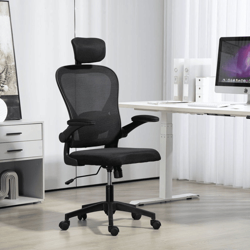 HOMCOM Cadeira de Escritório Giratória Cadeira de Escritório em Malha Transpirável com Altura Ajustável Apoio para a Cabeça e Suporte Lombar Ajustáveis Cadeira de Escritório Basculante Carga 120 kg 58x63x115-125 cm Preto
