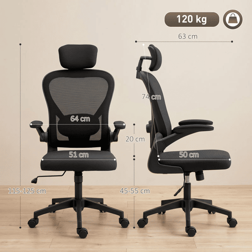 HOMCOM Cadeira de Escritório Giratória Cadeira de Escritório em Malha Transpirável com Altura Ajustável Apoio para a Cabeça e Suporte Lombar Ajustáveis Cadeira de Escritório Basculante Carga 120 kg 58x63x115-125 cm Preto