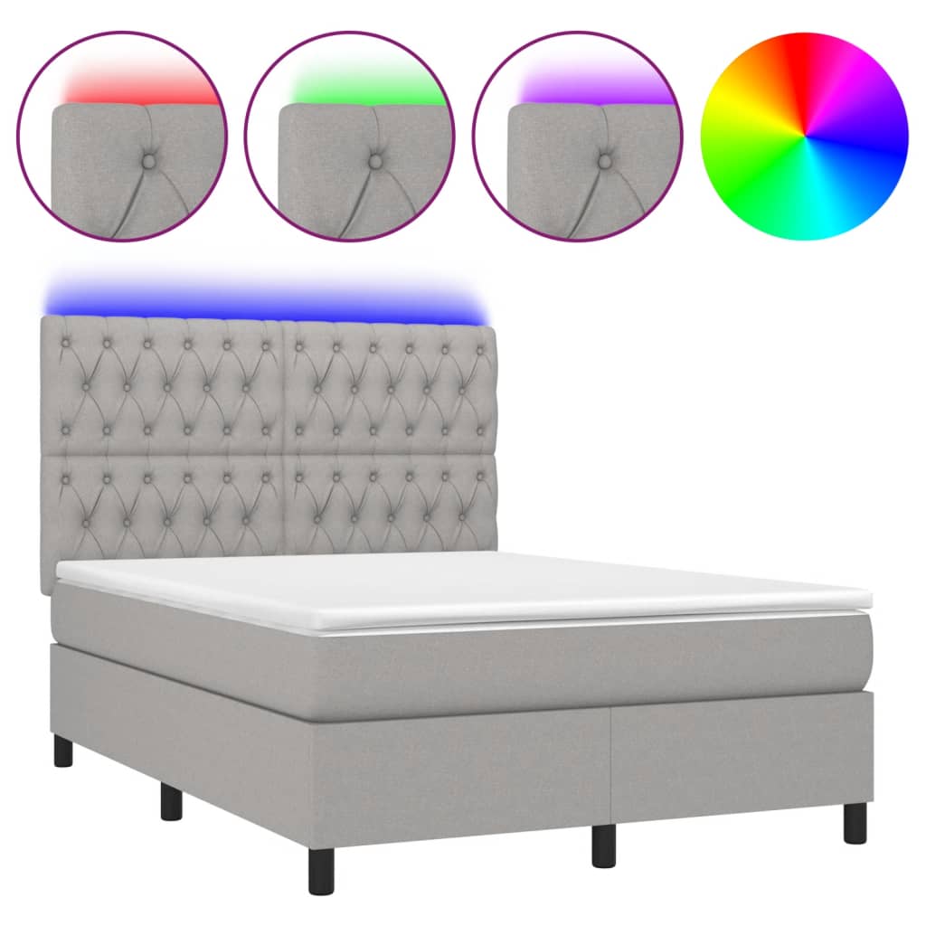 Cama box spring colchón y luces led tela gris claro 140x190 cm diseño de botones