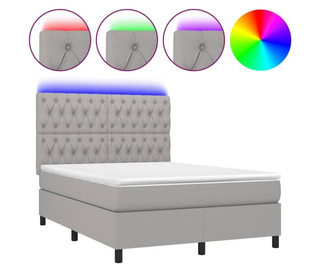 Cama box spring colchón y luces led tela gris claro 140x190 cm diseño de botones