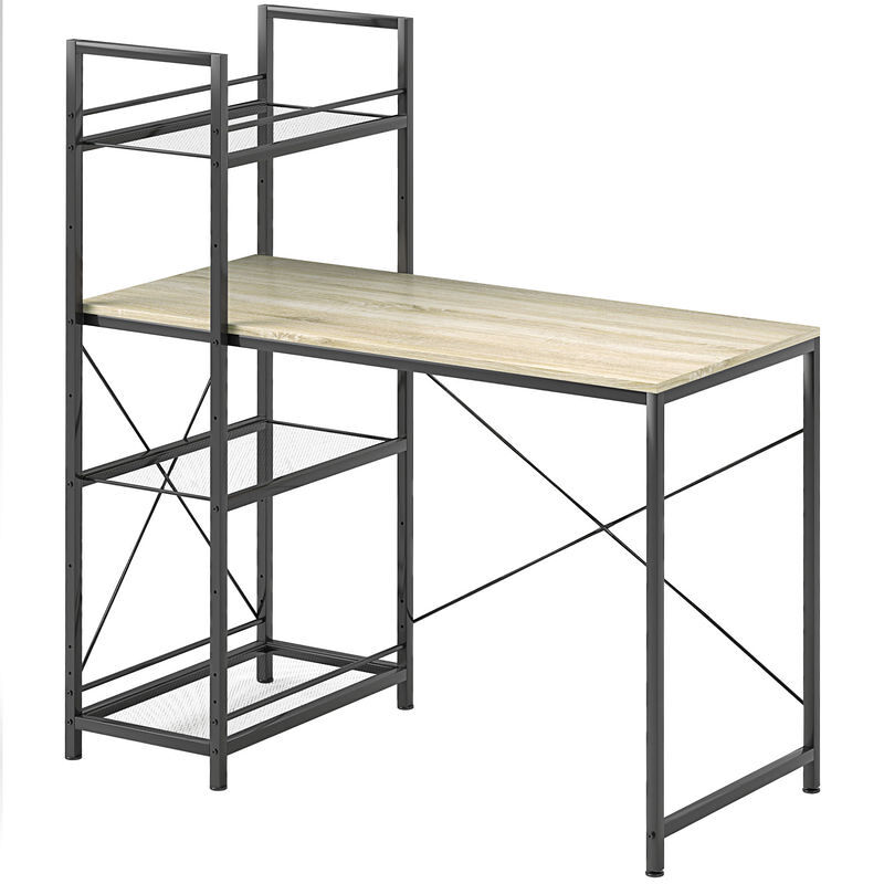 Homcom escritorio con estantería reversible industrial mesa escritorio con marco de acero mesa de estudio para oficina dormitorio 110x53x115,5 cm roble y negro