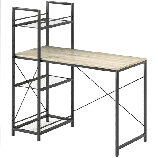 HOMCOM Secretária com Prateleira Reversível Secretária Estilo Industrial com Estrutura em Aço Mesa de Computador para Escritório Dormitório 110x53x115,5 cm Carvalho e Preto