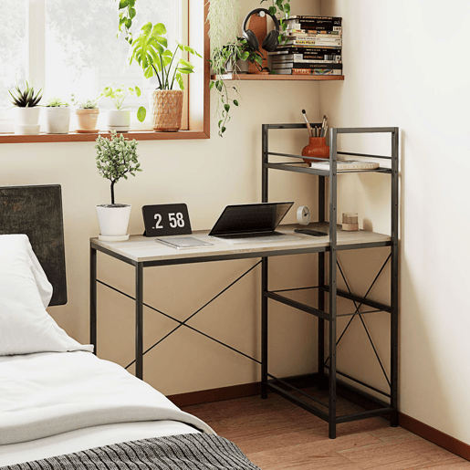 HOMCOM Secretária com Prateleira Reversível Secretária Estilo Industrial com Estrutura em Aço Mesa de Computador para Escritório Dormitório 110x53x115,5 cm Carvalho e Preto