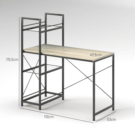 HOMCOM Secretária com Prateleira Reversível Secretária Estilo Industrial com Estrutura em Aço Mesa de Computador para Escritório Dormitório 110x53x115,5 cm Carvalho e Preto