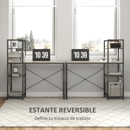 HOMCOM Secretária com Prateleira Reversível Secretária Estilo Industrial com Estrutura em Aço Mesa de Computador para Escritório Dormitório 110x53x115,5 cm Carvalho e Preto