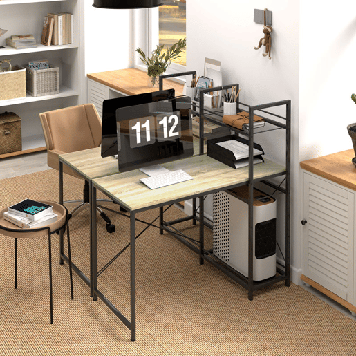 HOMCOM Secretária com Prateleira Reversível Secretária Estilo Industrial com Estrutura em Aço Mesa de Computador para Escritório Dormitório 110x53x115,5 cm Carvalho e Preto