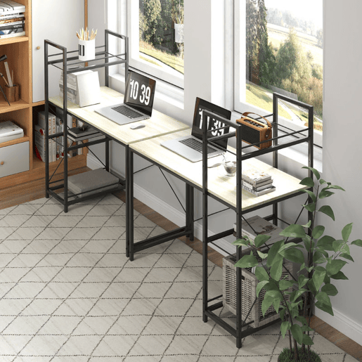 HOMCOM Secretária com Prateleira Reversível Secretária Estilo Industrial com Estrutura em Aço Mesa de Computador para Escritório Dormitório 110x53x115,5 cm Carvalho e Preto