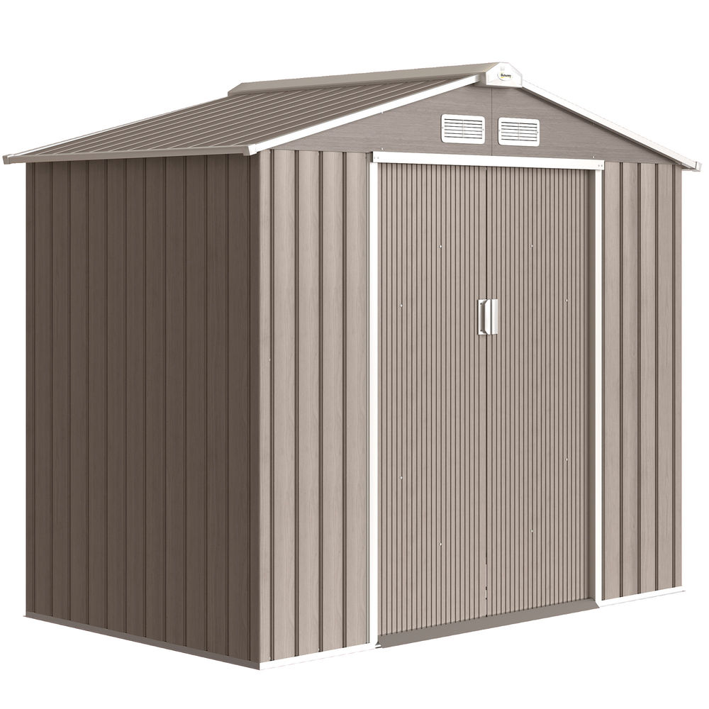 Outsunny caseta de jardín exterior, 2,5 m² 213x130x185 cm, cobertizo de jardín exterior metálico con 2 puertas correderas, base refuerzo (suelo no incluido) y 4 ventanas, madera natural
