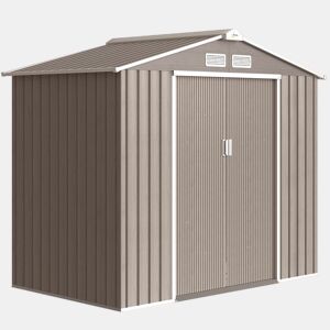Outsunny Abrigo de Jardim 213x130x185 cm Abrigo de Jardim Metálico de Exterior para Armazenamento de Ferramentas com 2 Portas Deslizantes e 4 Janelas para Terraço Madeira