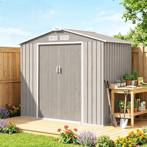 Outsunny Abrigo de Jardim 213x130x185 cm Abrigo de Jardim Metálico de Exterior para Armazenamento de Ferramentas com 2 Portas Deslizantes e 4 Janelas para Terraço Madeira