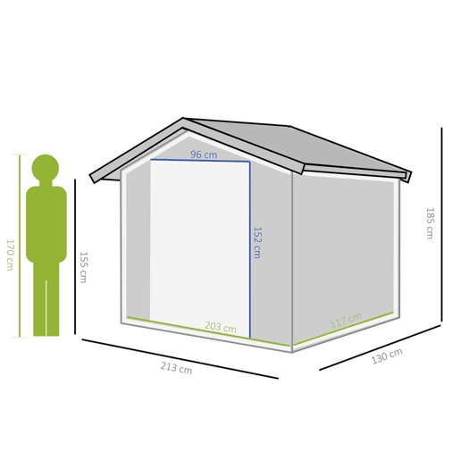 Outsunny Abrigo de Jardim 213x130x185 cm Abrigo de Jardim Metálico de Exterior para Armazenamento de Ferramentas com 2 Portas Deslizantes e 4 Janelas para Terraço Madeira