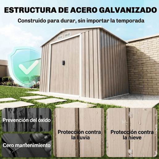 Outsunny Abrigo de Jardim 213x130x185 cm Abrigo de Jardim Metálico de Exterior para Armazenamento de Ferramentas com 2 Portas Deslizantes e 4 Janelas para Terraço Madeira