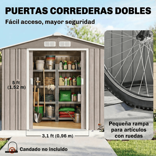 Outsunny Abrigo de Jardim 213x130x185 cm Abrigo de Jardim Metálico de Exterior para Armazenamento de Ferramentas com 2 Portas Deslizantes e 4 Janelas para Terraço Madeira