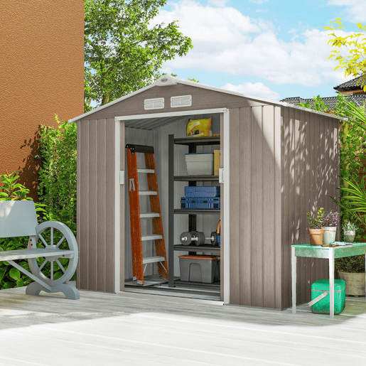 Outsunny Abrigo de Jardim 213x130x185 cm Abrigo de Jardim Metálico de Exterior para Armazenamento de Ferramentas com 2 Portas Deslizantes e 4 Janelas para Terraço Madeira