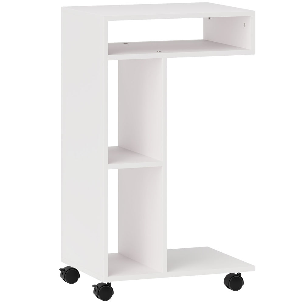Homcom mesa auxiliar multifuncional en forma de c mesa auxiliar para sofá con ruedas compartimentos abiertos mesa lateral para sofá salón dormitorio oficina 40x30x69 cm blanco