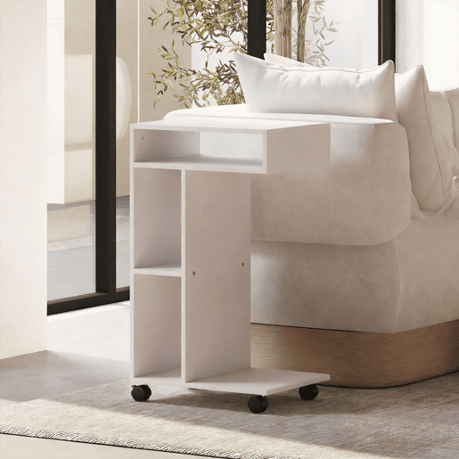 HOMCOM Mesa Auxiliar Multifuncional em Forma de C com Rodas, Compartimentos Abertos para Sofá, Sala, Quarto ou Escritório, 40x30x69 cm, Branco