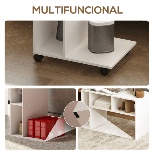 HOMCOM Mesa Auxiliar Multifuncional em Forma de C com Rodas, Compartimentos Abertos para Sofá, Sala, Quarto ou Escritório, 40x30x69 cm, Branco