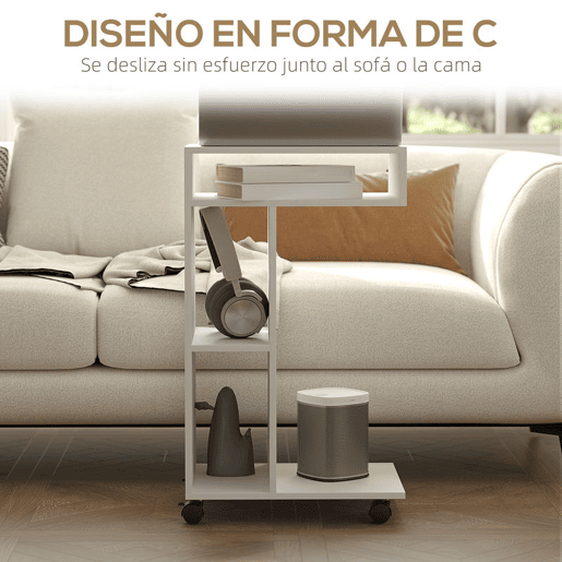 HOMCOM Mesa Auxiliar Multifuncional em Forma de C com Rodas, Compartimentos Abertos para Sofá, Sala, Quarto ou Escritório, 40x30x69 cm, Branco