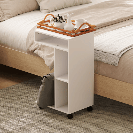 HOMCOM Mesa Auxiliar Multifuncional em Forma de C com Rodas, Compartimentos Abertos para Sofá, Sala, Quarto ou Escritório, 40x30x69 cm, Branco