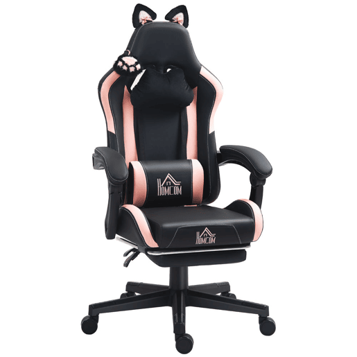 HOMCOM Cadeira Gaming com Orelhas Cadeira Gamer Reclinável com Altura Ajustável Apoio para os Pés Retrátil Suporte Lombar e Apoio para a Cabeça Desmontável Cadeira para Escritório 65x62x116-124 cm Preto