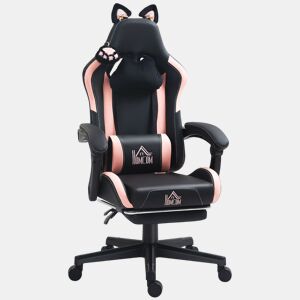 HOMCOM Cadeira Gaming com Orelhas Cadeira Gamer Reclinável com Altura Ajustável Apoio para os Pés Retrátil Suporte Lombar e Apoio para a Cabeça Desmontável Cadeira para Escritório 65x62x116-124 cm Preto