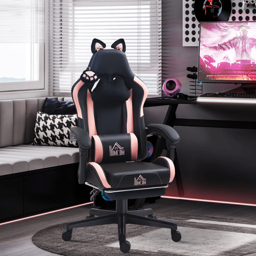 HOMCOM Cadeira Gaming com Orelhas Cadeira Gamer Reclinável com Altura Ajustável Apoio para os Pés Retrátil Suporte Lombar e Apoio para a Cabeça Desmontável Cadeira para Escritório 65x62x116-124 cm Preto