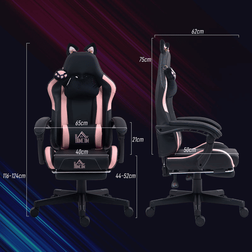 HOMCOM Cadeira Gaming com Orelhas Cadeira Gamer Reclinável com Altura Ajustável Apoio para os Pés Retrátil Suporte Lombar e Apoio para a Cabeça Desmontável Cadeira para Escritório 65x62x116-124 cm Preto