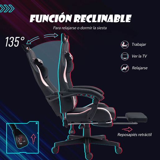 HOMCOM Cadeira Gaming com Orelhas Cadeira Gamer Reclinável com Altura Ajustável Apoio para os Pés Retrátil Suporte Lombar e Apoio para a Cabeça Desmontável Cadeira para Escritório 65x62x116-124 cm Preto