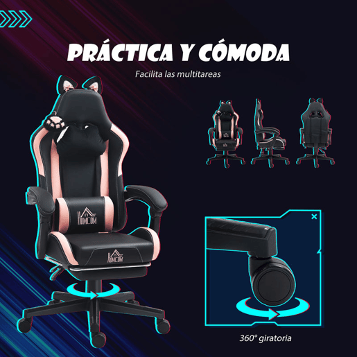 HOMCOM Cadeira Gaming com Orelhas Cadeira Gamer Reclinável com Altura Ajustável Apoio para os Pés Retrátil Suporte Lombar e Apoio para a Cabeça Desmontável Cadeira para Escritório 65x62x116-124 cm Preto