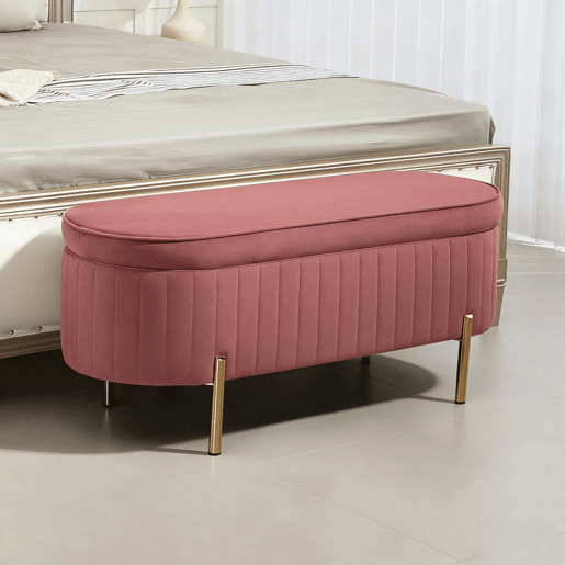 HOMCOM Banco Pé de Cama Estofado em Veludo Banco de Arrumação e Pés Dourado Banco para Entrada Dormitório 108x44x43,5 cm Rosa
