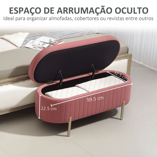 HOMCOM Banco Pé de Cama Estofado em Veludo Banco de Arrumação e Pés Dourado Banco para Entrada Dormitório 108x44x43,5 cm Rosa
