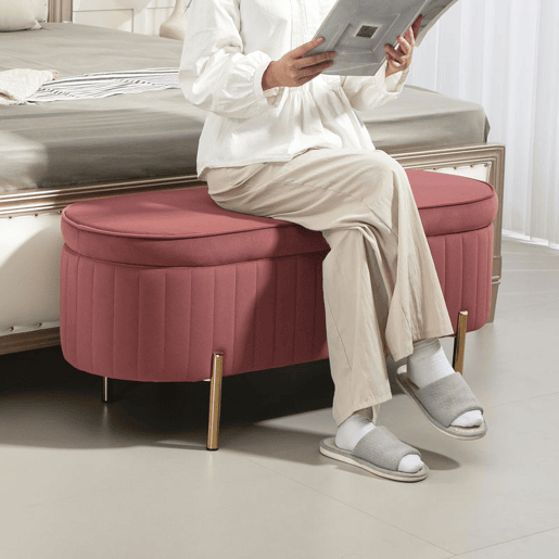 HOMCOM Banco Pé de Cama Estofado em Veludo Banco de Arrumação e Pés Dourado Banco para Entrada Dormitório 108x44x43,5 cm Rosa