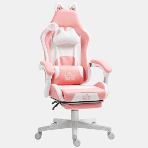 HOMCOM Cadeira Gaming com Orelhas Cadeira Gamer Reclinável com Altura Ajustável Apoio para os Pés Retrátil Suporte Lombar e Apoio para a Cabeça Desmontável Cadeira para Escritório 65x62x116-124 cm Rosa