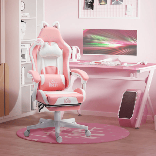 HOMCOM Cadeira Gaming com Orelhas Cadeira Gamer Reclinável com Altura Ajustável Apoio para os Pés Retrátil Suporte Lombar e Apoio para a Cabeça Desmontável Cadeira para Escritório 65x62x116-124 cm Rosa