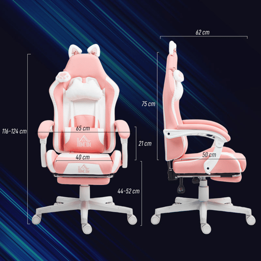 HOMCOM Cadeira Gaming com Orelhas Cadeira Gamer Reclinável com Altura Ajustável Apoio para os Pés Retrátil Suporte Lombar e Apoio para a Cabeça Desmontável Cadeira para Escritório 65x62x116-124 cm Rosa