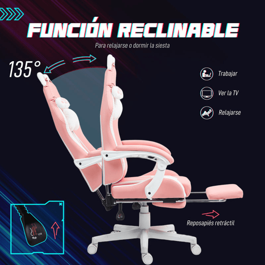 HOMCOM Cadeira Gaming com Orelhas Cadeira Gamer Reclinável com Altura Ajustável Apoio para os Pés Retrátil Suporte Lombar e Apoio para a Cabeça Desmontável Cadeira para Escritório 65x62x116-124 cm Rosa